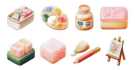 Colorful Hand Painted Art Supplies and Tools Isolated on Transparent Background