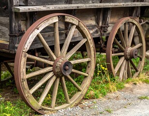 Obraz premium Close-up of an aged wooden wagon with two large wheels