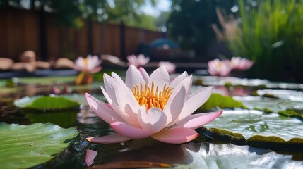 Close-up showcases the serene beauty of pink water lilies in a peaceful pond setting