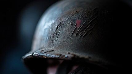 Weathered military helmet close-up capturing history, resilience, and solemn remembrance of