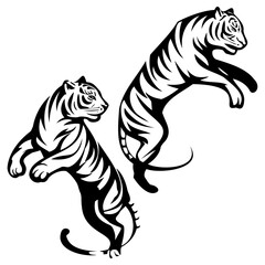 Jumping Tiger Action Poses Black and White