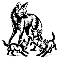 Maned Wolf with Pups Black and White Wildlife Illustration