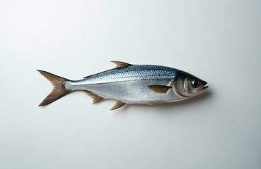 Naklejka premium Fresh whole herring fish with silver scales and fins is isolated on a clean white background. Seafood ingredient for cooking meals. Healthy protein source for nutrition.