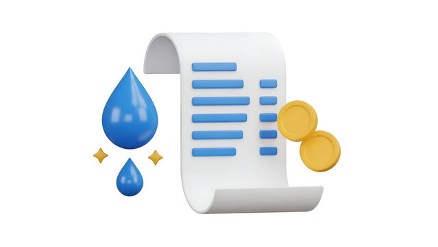 An illustrative 3d rendering showing a water utility bill and coins for payment