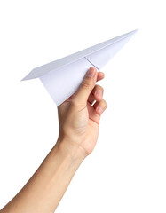 Hand holding a white paper airplane, a concept of travel, freedom and business Isolated on transparent or white, Cut out