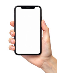 Hand holding a smartphone with a blank white screen for mockup or presentation Isolated on transparent or white, Cut out
