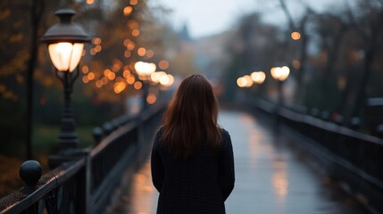 Woman walking on bridge with bokeh lights on a rainy evening landscape scene