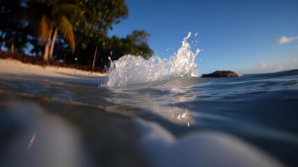 A crystalline wave crashes on the shore of a tropical island paradise during the day