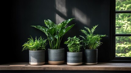 Indoor greenery assortment, featuring various potted plants against a dark backdrop, creating a
