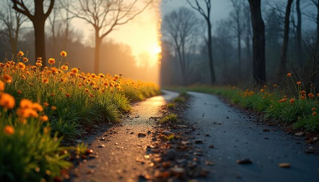 Winding path divides sunlit meadow dotted with orange flowers from dark, foggy forest. Scene offers visual metaphor for contrasting life paths, choices, moods, representing hope versus despair,