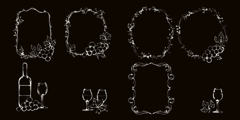 Elegant vintage frames wine bottles and glasses on a dark background
