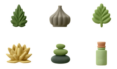 Soft Clay 3D Icons Set for Organic Wellness Art on Transparent Background