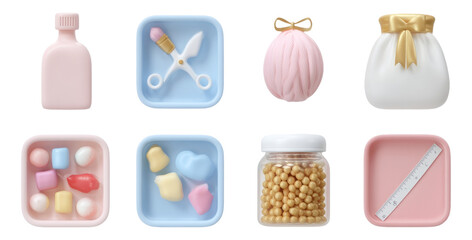 Colorful and Soft DIY Crafting Toolkit for 3D Art Projects on Transparent Background