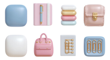 Colorful 3D Abstract Stationery Icons on Transparent Background for Creative Design