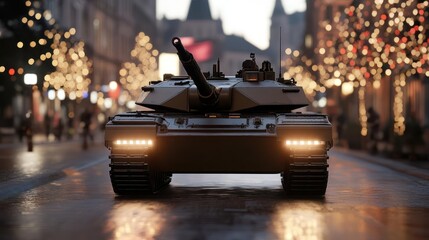 Military tank showcased amidst festive city lights depicting strength and celebration