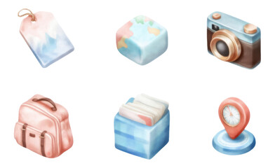 Soft Watercolor Travel Icons Collection Isolated on Transparent Background
