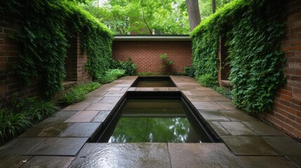Tranquil courtyard oasis with reflective pools verdant vertical gardens and warm brick walls