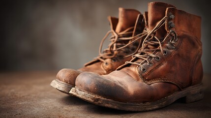Well-worn leather work boots rest on a textured surface with a blurred background