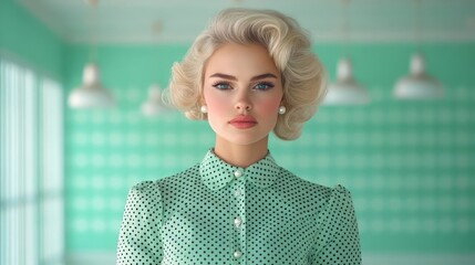 Charming 1950s Inspired Woman with Polka Dot Dress and Elegant Hairstyle in Mint Setting