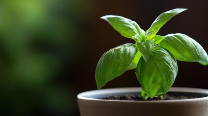 Close-up showcasing a vibrant basil plant in a pot against a blurred backdrop captures the