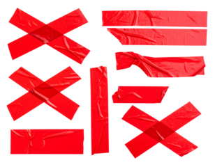 Set of crumpled clear adhesive red tape strips Isolated on transparent or white, Cut out