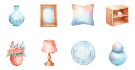 Soft Mini Home Decor Collection with Watercolor 3D Elements on Transparent Background