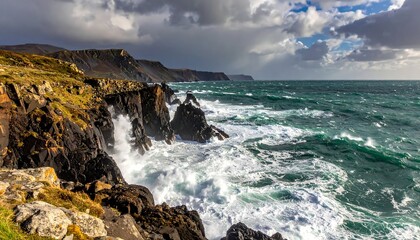 Naklejka premium Coastal scene, stormy ocean waves crash against the rocky shoreline