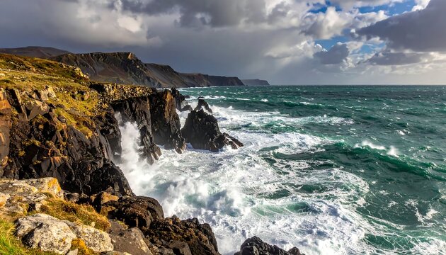 Coastal scene, stormy ocean waves crash against the rocky shoreline - Powered by Adobe
