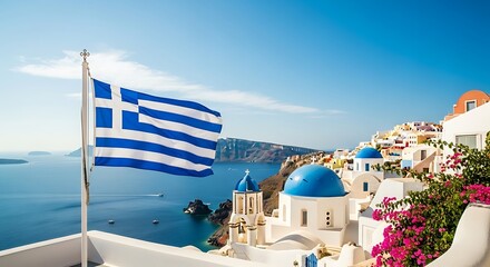 Fototapeta premium Greek Flag Waves Over Santorini Island Buildings and Sea.