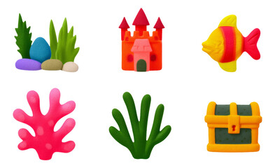 Colorful Whimsical Aquarium Decor Set in Soft Clay Style on Transparent Background