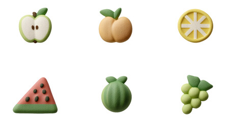Wholesome Mini Fruit Icons in Soft Clay Style on Transparent Background
