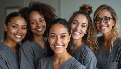 Five smiling women in grey scrubs pose together in a bright room. They are a diverse group of dental assistants happy to provide dental care and service.