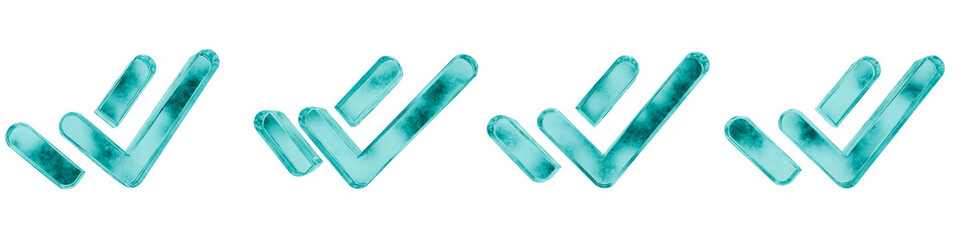 Set of four 3D double tick shapes in frosted blue ice glass style, isolated on a transparent background. Glassmorphism icons and 3D elements for modern graphic design.