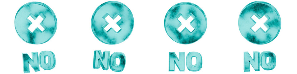 Obraz premium Set of four 3D no cross shapes in frosted blue ice glass style, isolated on a transparent background. Glassmorphism icons and 3D elements for modern graphic design.