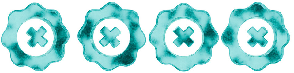 Set of four 3D reject shapes in frosted blue ice glass style, isolated on a transparent background. Glassmorphism icons and 3D elements for modern graphic design.