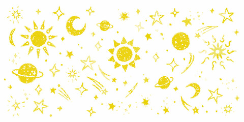 Whimsical yellow celestial pattern featuring suns moons stars and planets © Rathin