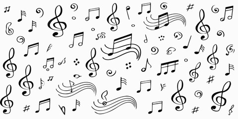 A seamless pattern featuring various black musical notes and symbols on white © Rathin