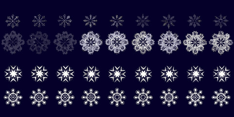 A collection of intricate snowflake designs arranged in symmetrical rows
