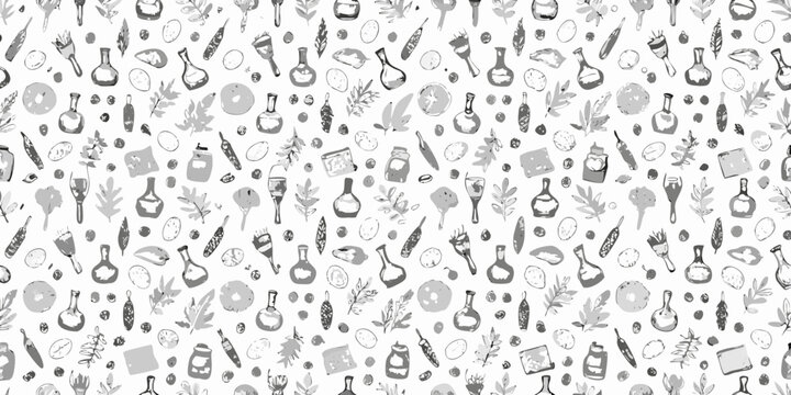 Seamless pattern with hand drawn botanical elements flasks and vintage apothecary items