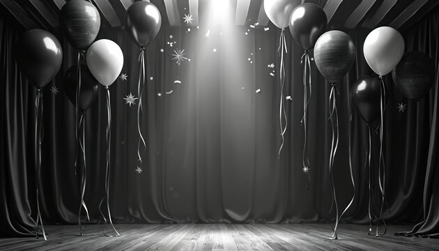 Black and white balloons float near elegant draped curtains. Confetti and starbursts fall. Stage floor shows wooden planks. Center spotlight illuminates empty festive space for event.