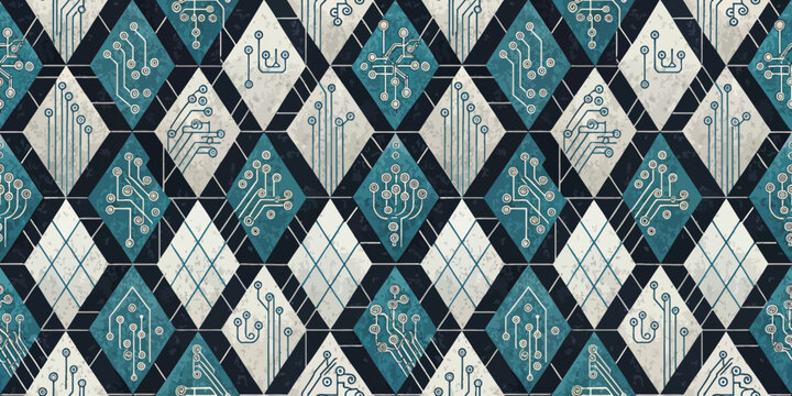 Abstract geometric pattern featuring blue and grey tones with circuit designs.