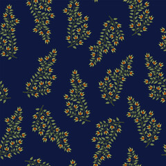 Seamless floral pattern with blooming branches. Folk style. On blue background.