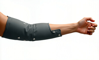 Close-up of a blood pressure cuff on an arm isolated on white background, medical monitoring and hypertension check concept