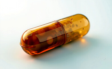 Transparent amber capsule filled with liquid isolated on a light background, pharmaceutical supplement and modern medicine concept