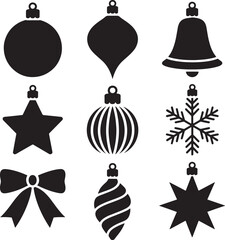 Christmas Ornament Vector Icons Featuring Baubles, Bells, Stars, Bow and Snowflakes