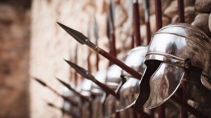 Polished Roman helmets and spears in formation with dramatic lighting. event programs, museum guides, designed for cultural heritage projects and event programs, supports education.