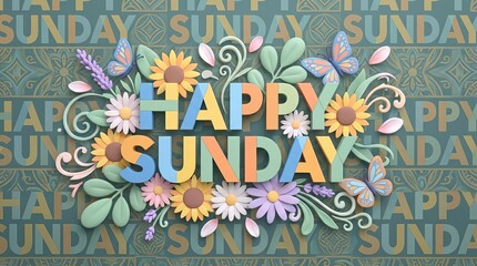 Words ‘HAPPY SUNDAY’ in cheerful colorful style surrounded by fresh flowers, soft leaves, light petals, butterflies and gentle decorative elements