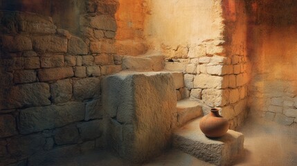 The ruins of ancient Greek granaries, with pottery jars filled with olives in the morning light. Event projects, specifically designed for cultural heritage projects and event projects.