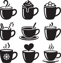 Obraz premium Set of black hot drink mugs on transparent background in flat style vector
