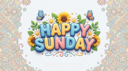 Obraz premium Words ‘HAPPY SUNDAY’ in cheerful colorful style surrounded by fresh flowers, soft leaves, light petals, butterflies and gentle decorative elements